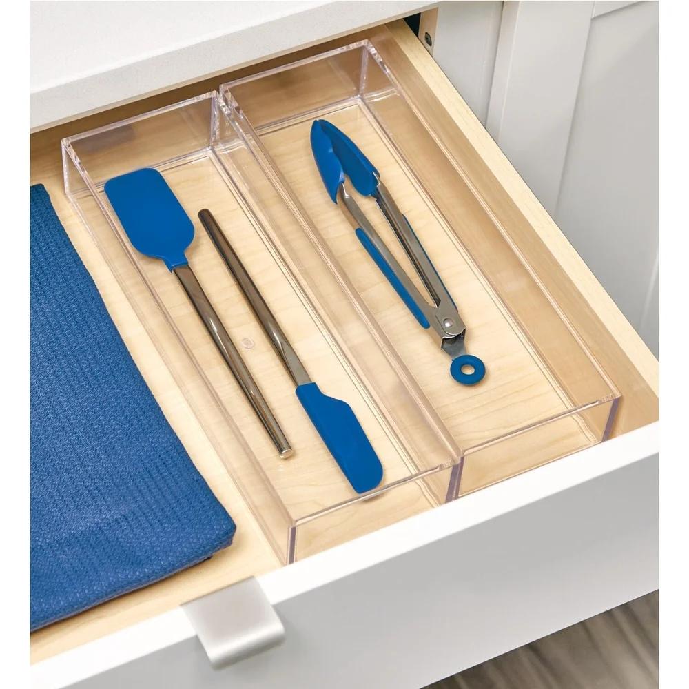 Clear Plastic Drawer Organizer Set Stackable Modular Storage Solution Silverware Kitchen Office Vanity 2-Piece Durable 4x12x2