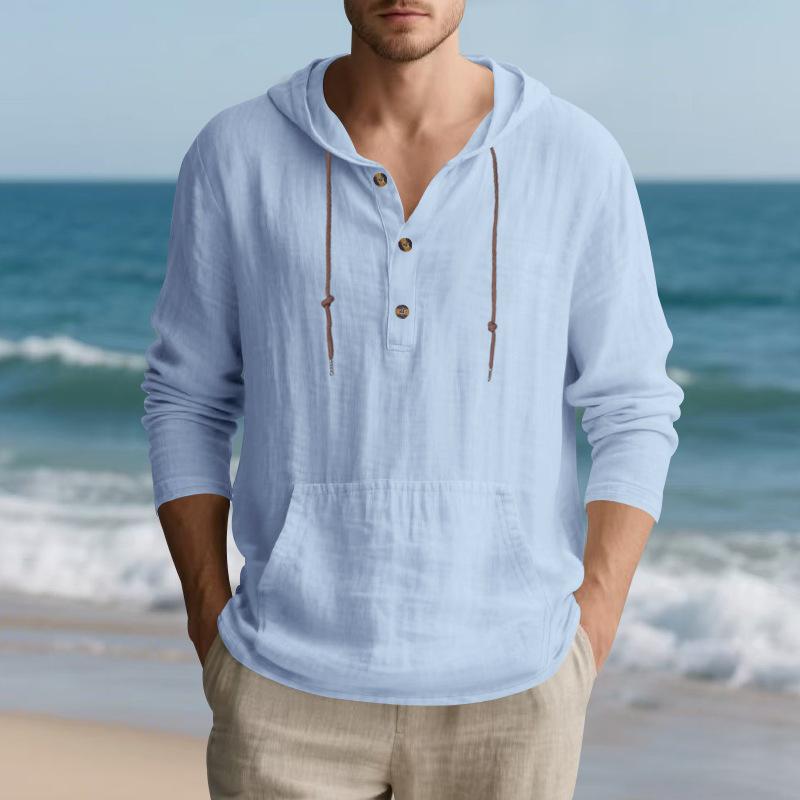 Men's Autumn Sports Casual Long-Sleeved Shirt Cotton-Linen Blend Hooded Pullover Sweatshirt Versatile Loose-Fit Beach T-Shirt