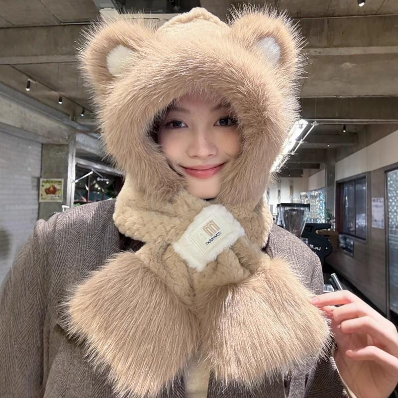 2024 Women's Red Angora Bear Hat with Thick Winter Scarf & Gloves
