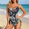 Women Swimsuit Tropical Leaf Print Scoop Neck Adjustable Side Tie Bathing Suit Beachwear for Summer