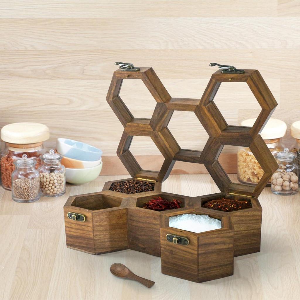 Wooden Spice Box With Spoon Container For Kitchen Masala