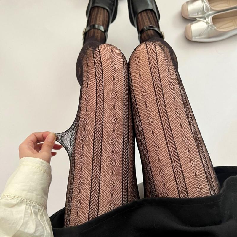 Women Vintage Striped Flower Patterned Fishnet Tights Stockings Japanese Style Colored Fine Mesh Thin Pantyhose Leggings