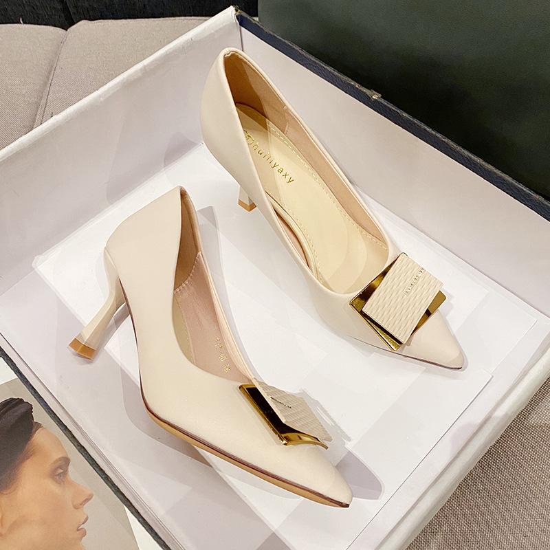 

Женские туфли на высоком каблуке, тонкий каблук, каблук-рюмочка, одинарные туфли, темпераментные черные туфли с открытым вырезом и острым носком, профессиональные одинарные туфли 717-A8 39 абрикосовый