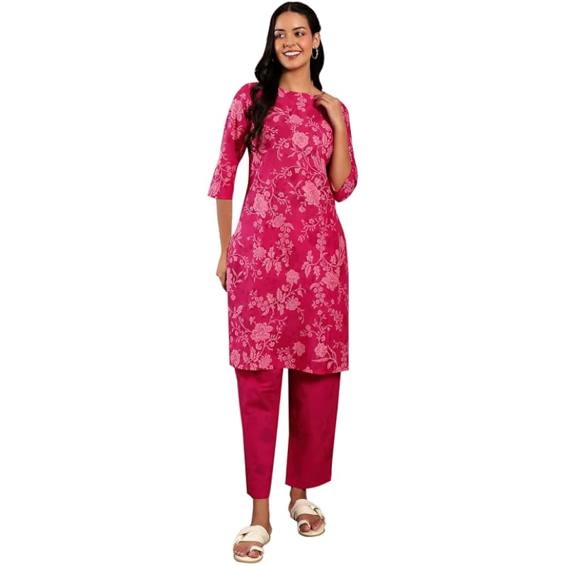 W For Woman Floral Printed Straight Pure Cotton Kurta Co-Rd Set | Lightweight Round Neck Kurta For Women Cotton |Printed