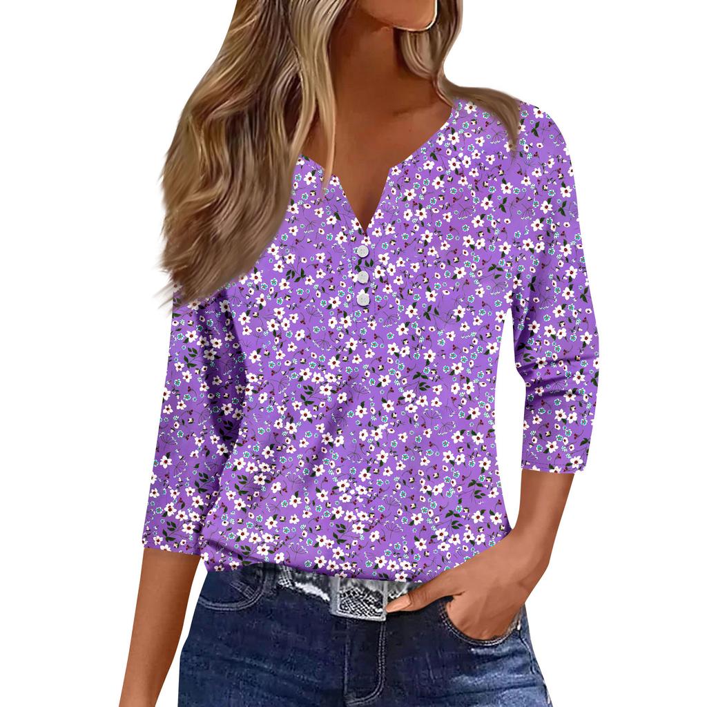 Women's Fashion Casual Seven Split Sleeve Burst Vintage Floral Print Pullover Top
