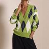 VEZFAA Women's Fashion Casual Fall Winter Rhombus Print Long Sleeve V-Neck Sweaters