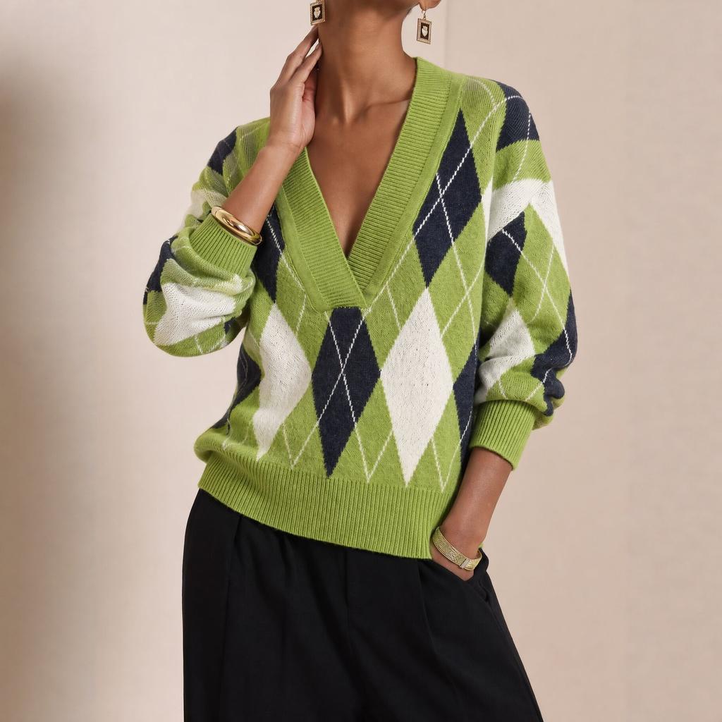 VEZFAA Women's Fashion Casual Fall Winter Rhombus Print Long Sleeve V-Neck Sweaters