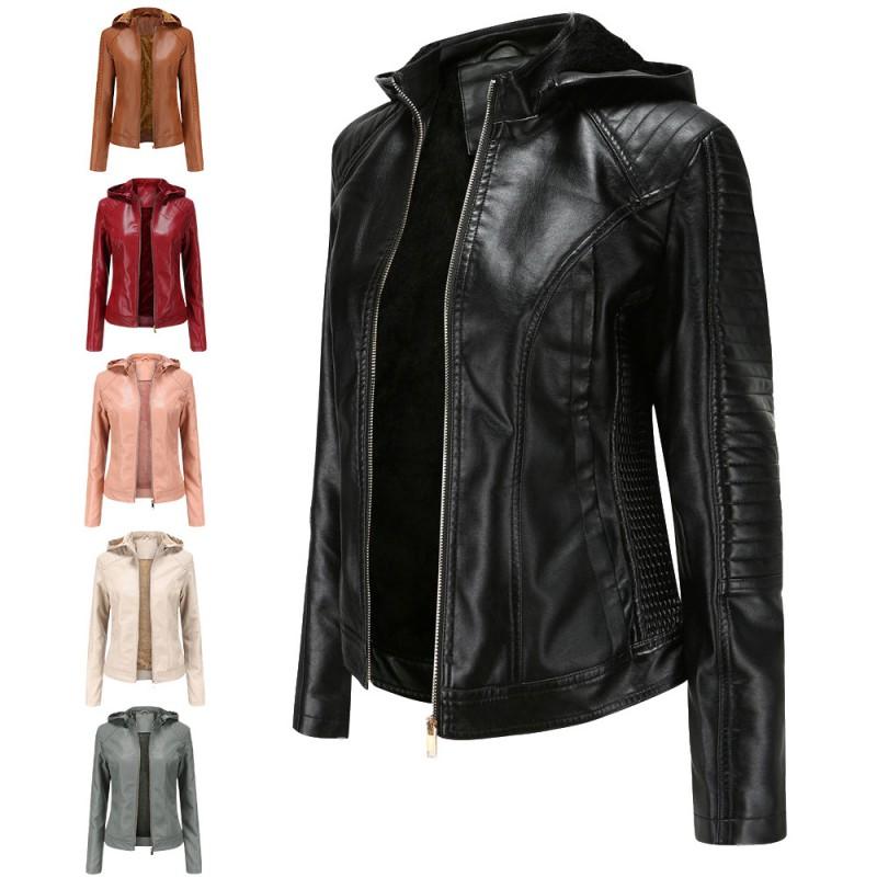 Womens Plus Size Faux Leather Hooded Jacket Warm Casual Short Coat Fall Winter