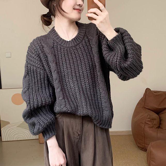 Women's Slimming Lady Niche Twist Sweater Autumn Winter Loose Chunky Yarn Korean Style Long Sleeve Knit Top