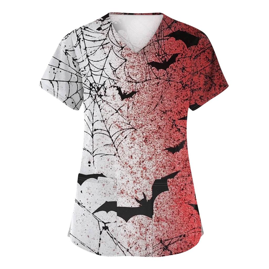 Women's Fashion V-neck Short-sleeved Work Uniform With Pockets, Halloween Print Top