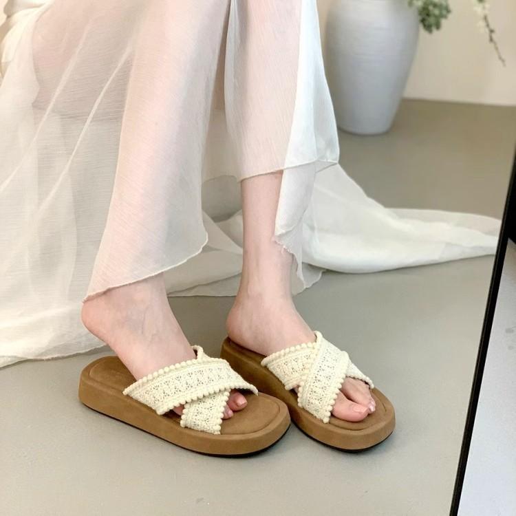 Thick-soled Cross-strapped Knitted Slippers Women's Outer Wear Summer Retro Niche Boken Shoes Open-toed Beach Vacation Cool Slippers