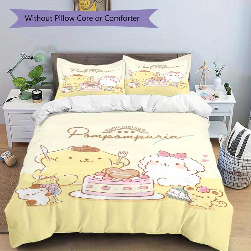 3pcs Happy Birthday Pom Pom Purin Quilt Cover Set (1 Quilt Cover + 2 Pillowcases Without Pillow Core), High-Definition Printing for Home and Dorm