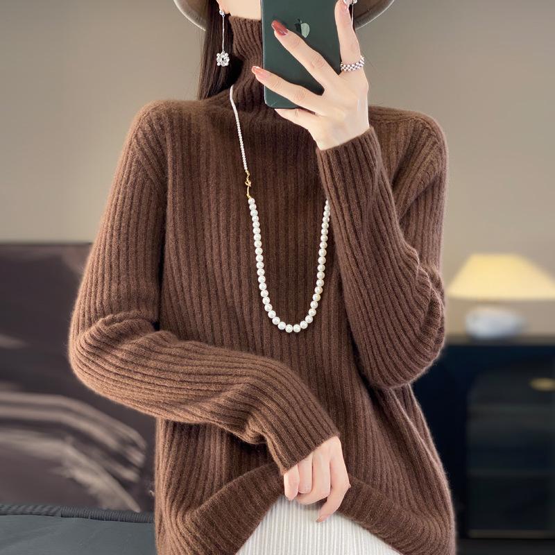 Women's High-Neck Wool Sweater: Seven-Needle Double-Strand, Thickened Vertical Rib Knit, Loose Fit, Long-Sleeved Autumn/Winter Base Layer.