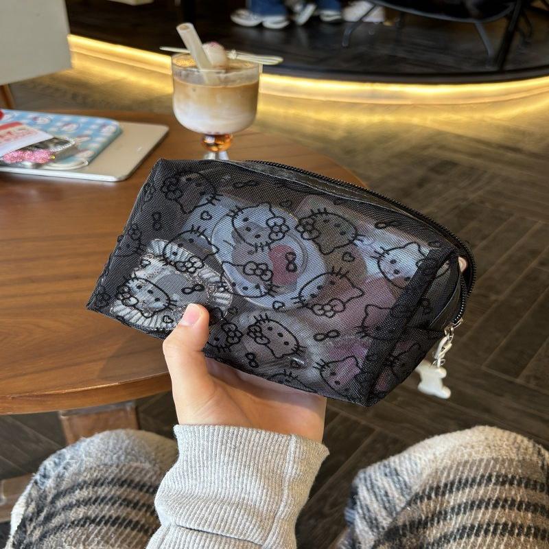 Black Mesh Hello Kitty Makeup Bag Portable Cosmetic Pouch Durable Organizer For Travel