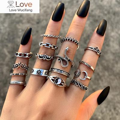 Conjunto de anéis de corrente de cobra borboleta gótica punk para mulheres, dados pretos, vintage, banhados a prata, retrô, strass, pingente, joias de dedo