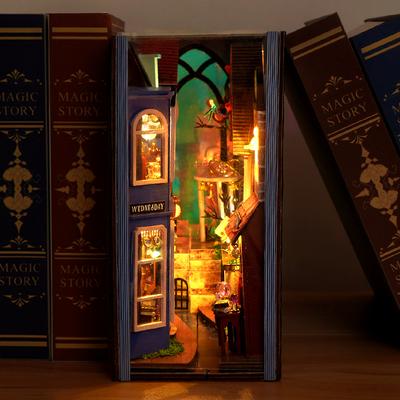 DIY Book Nook Wooden Miniature Model Kit Magic Bookstand Casa Bookend 3D Puzzle with Light Bookshelf Home Decor