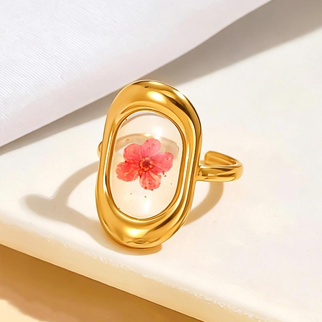 Women's Forest Style Stainless Steel Ring with Dried Flower and Transparent Enamel