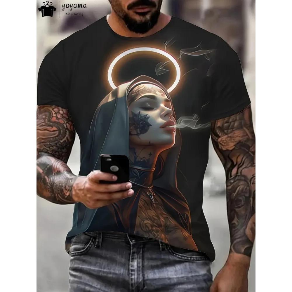 Męska Koszulka z Graficznym Motywem 3D Palącej Zakonnicy Czarna Codzienna Letnia Koszulka Krótki Rękaw Poliester Koszulki Streetwear Vintage Odzież