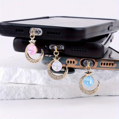 Moon and Five-Pointed Star Pattern Phone Dust Plug Pendants (Made of Diamond-Encrusted Alloy) Perfect for Women