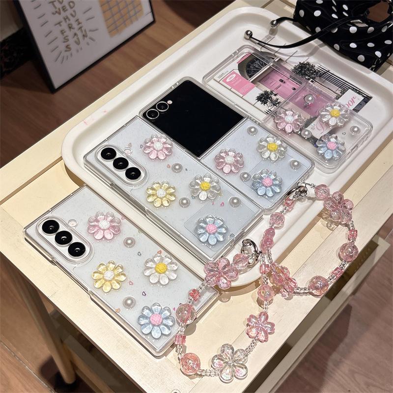 3D Daisy Flower Glitter Clear Case For Samsung Galaxy Z Fold 7 6 5 4 Cute Floral Pearl Shockproof Cover With Pink Beads Wrist St