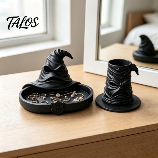 Minimalist Tabletop Organizer Wizard Hat Storage Box, Gothic Desk for Makeup Brushes And Compact Countertop Case Pens, Dark Academia Vintage Halloween