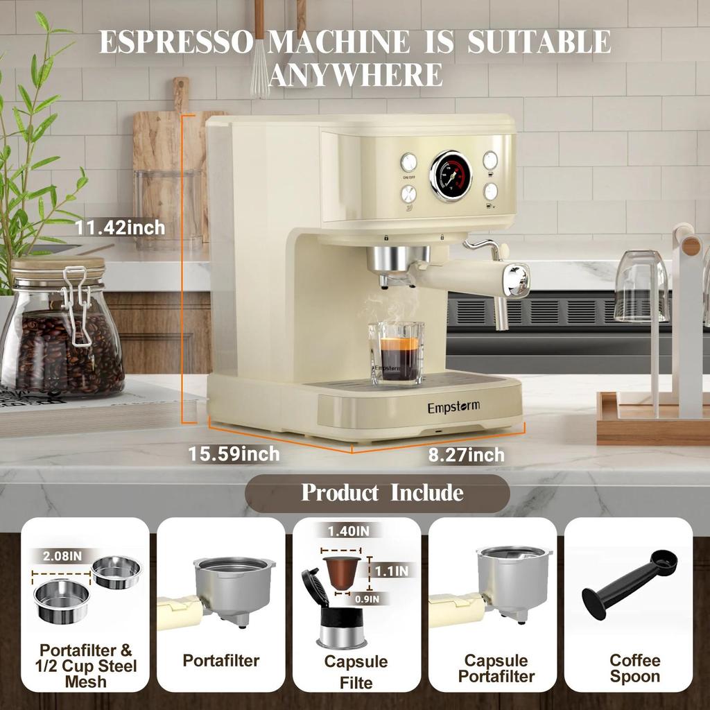 Empstorm 04E Portable Coffee Machine 20 Bar Semi-Automatic Espresso Machine Home Office Coffee Machines with Visible Water Tank