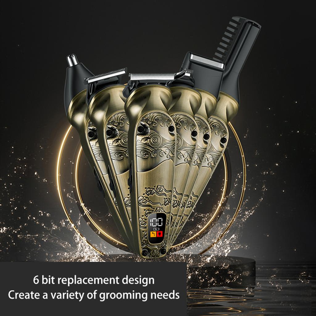 Full Metal Body Hairdresser 6 In 1 Multi Function Electric Push Clipper Nose Hair Clipper Set With 6 Blade Heads