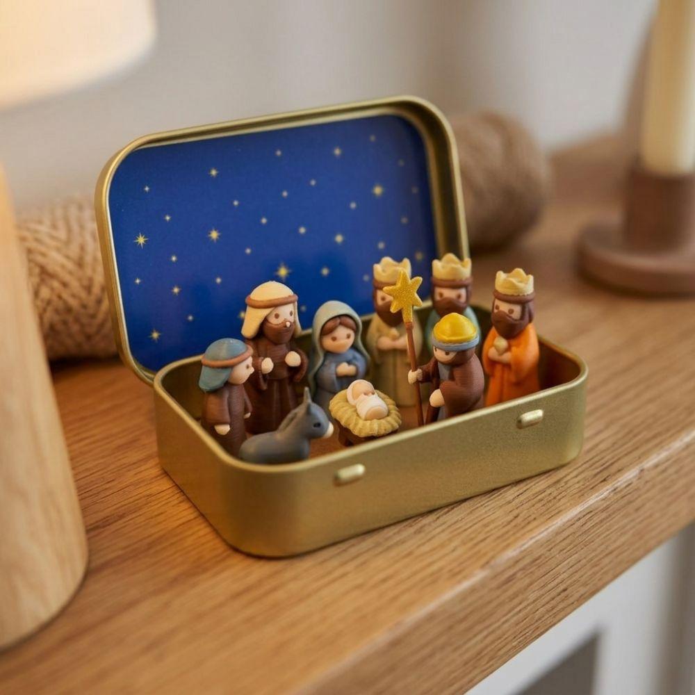 Hand Painted Nativity Manger Scene Kit Metal Tin Box Christmas Figurines Bedside Table