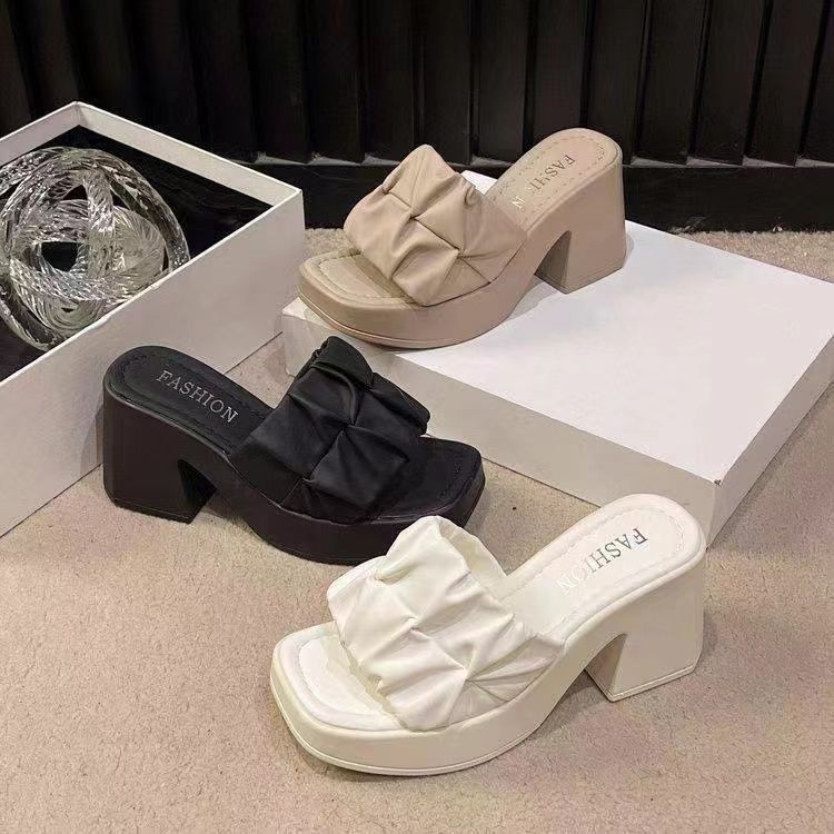 Waterproof Table High Heels 2025 Summer New Internet Celebrity Popular Shoes Women's Versatile One-word Drag Thick Heel Sandals