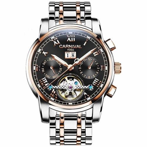 

CARNIVAL 8759G Мужские аналоговые/механические/автоматические модные часы (Черный/Розовое золото/Металл) с Календарем (Свидание), Дисплей в стиле хронографа (Неделя/Месяц),