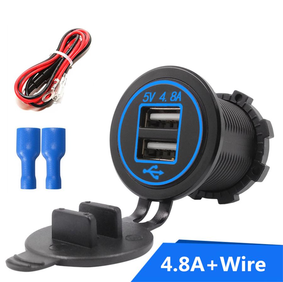 Waterproof Dual USB Charger Socket Power Outlet 2.4A & 2.4A (4.8A) with Wire In-line 10A Fuse for Car Boat Marine Motorcycle RV Truck Camper Vehicles