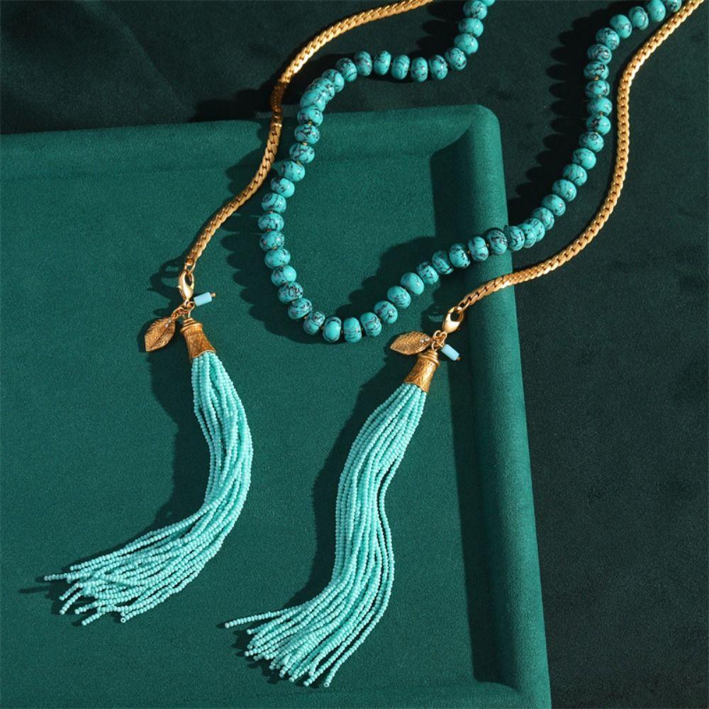 Tassel Pendant Long Turquoise Necklace Hanging Neck Sweater Chain Bohemian Waist Chain Girls