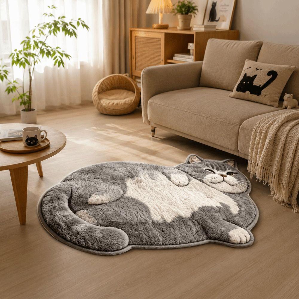 Easy To Clean Cat-Shaped Area Rug Non-Slip Cartoon Carpet Soft Home Decor Carpet Living Rooms
