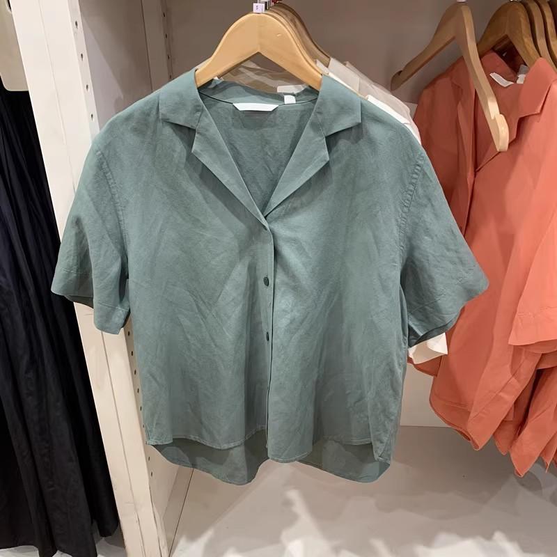 1116 Spring and Summer New Women's Hemp Blended Open Neck Shirt Fashion Short Sleeve Casual Shirt Top Women's 171611