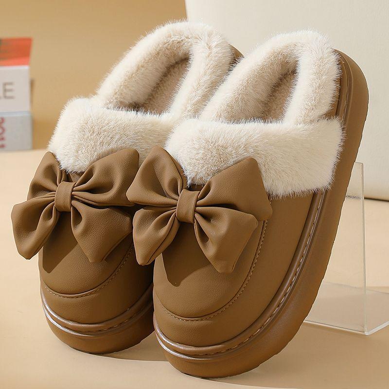 

Зимние тапочки на толстой подошве - Нескользящая ПУ кожа с милым бантом для мужчин и женщин 38-39 (suitable for size 37-38 feet)