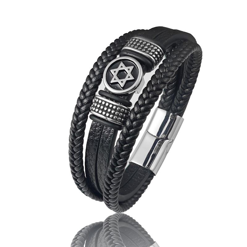 

Men s Hexagon Star Multi-layer Leather Bracelet Stainless Steel Magnet Luxury Fashion Bangle Accessory Father s Day Gift 22cm серебряный