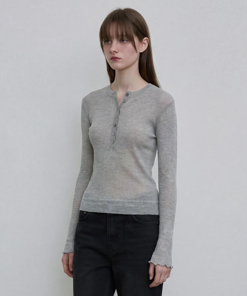 Dito Sheer Ribbed Henley Top [Grey]