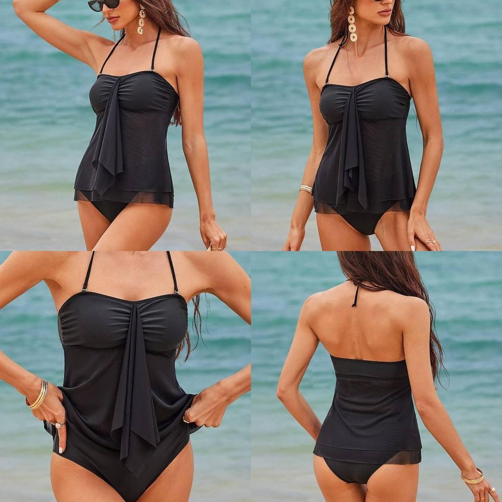 Womens Black Polyester Mesh Spliced Strapless Bikini For Swimming Water Sports