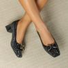 25DX Women's European-American Patent Leather High Heels - Shallow Mouth Floral Pattern, Square Toe, Chunky Heel, Plus Size 43