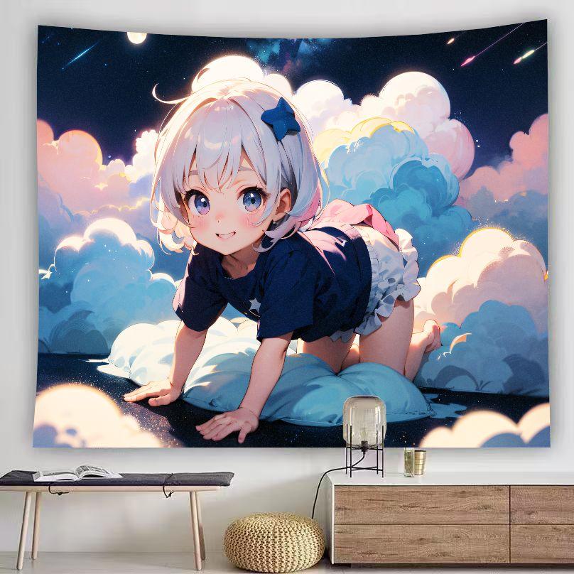 Star Angel Anime Girl Tapestry Night Lotus Pond Sky Lantern Lake Scenery Wall Hanging Calm Aesthetic Bedroom Dorm Decor