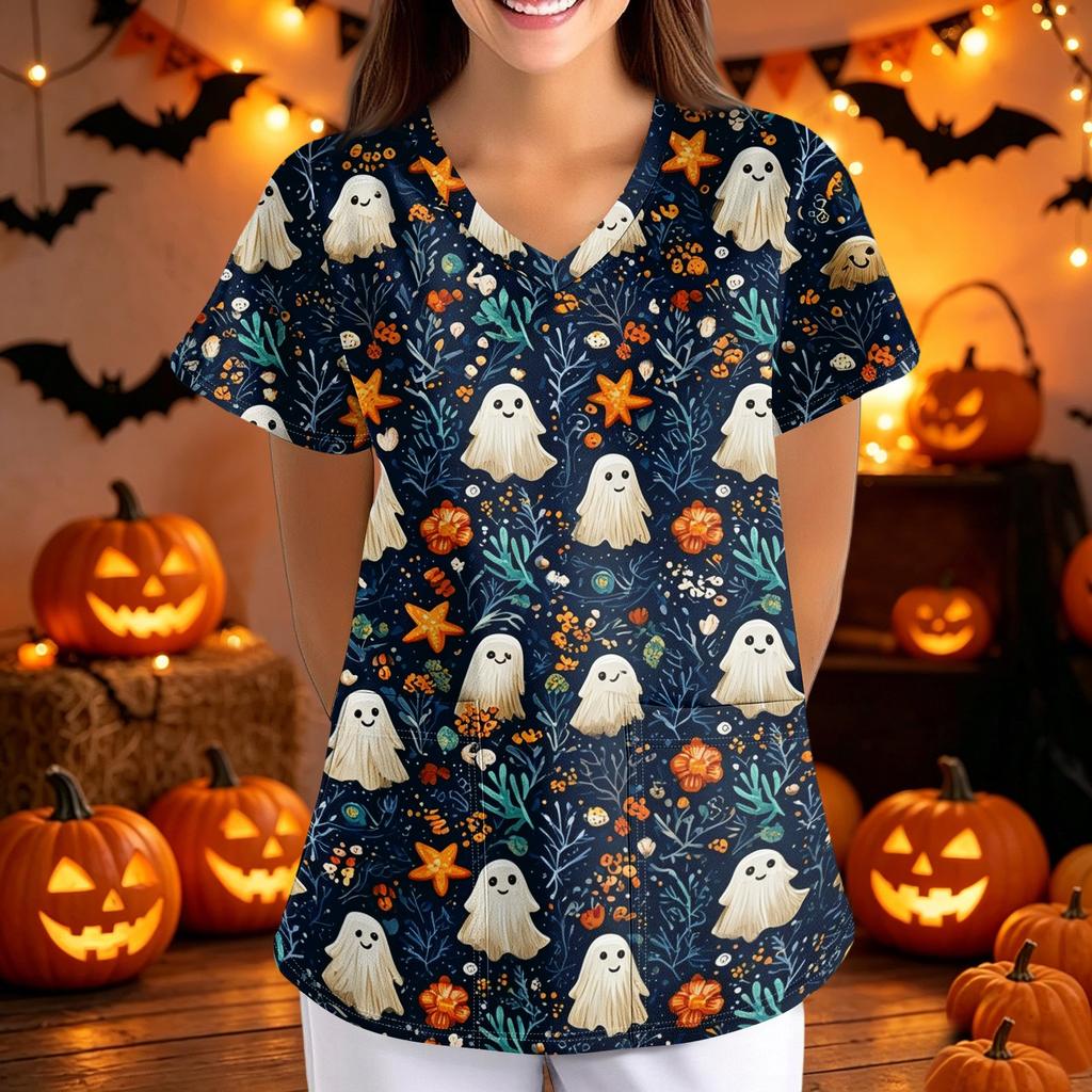 Women's Halloween Print Loose Fit V Neck Short Sleeve Medical Scrub Top Nurse Uniform Work Shirt with Pockets for Caregivers