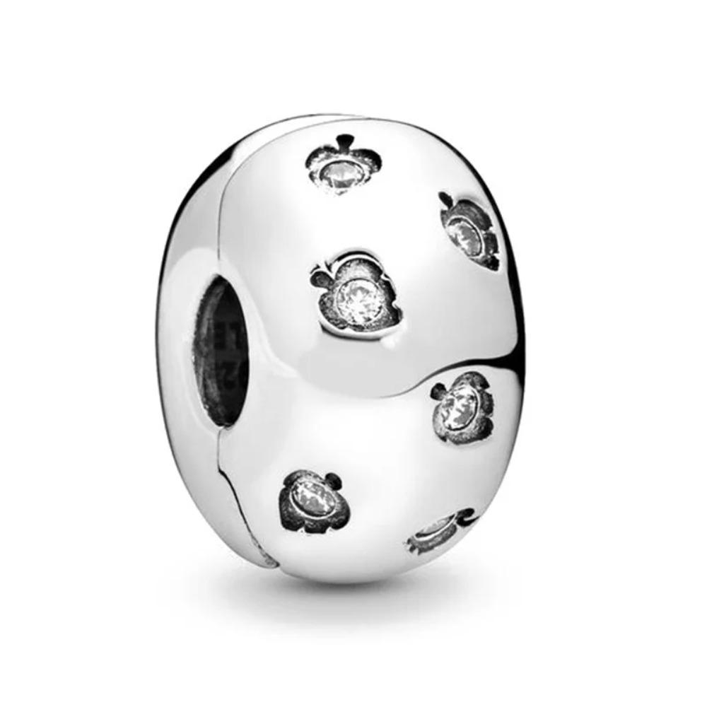 New 925 Silver Round Flower Pattern Sparkling Pink Heart-shaped Clip Charm Bead Fit for Original Bracelet DIY Women's Jewelry