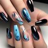 Short Black & Blue Striped Floral Press-On Nails - Detachable False Tips