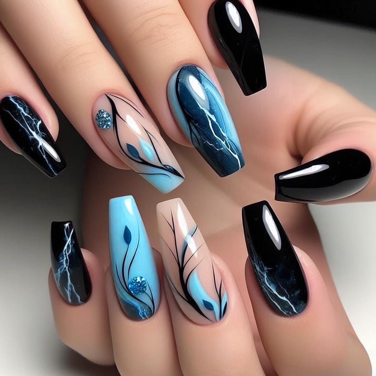 

Short Black & Blue Striped Floral Press-On Nails - Detachable False Tips