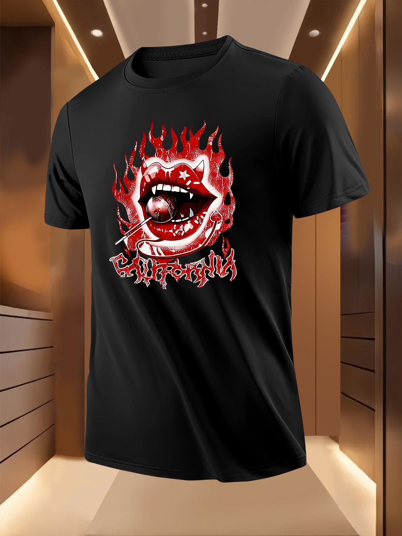 California Flame Red Lip Graphic Tshirt - Casual Short Sl... XXL