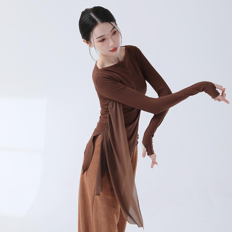 Classical Dance Practice Clothes Finger Sleeve Side Split Tulle Design Chinese Style Casual Wear Chic Stage Performance Costume