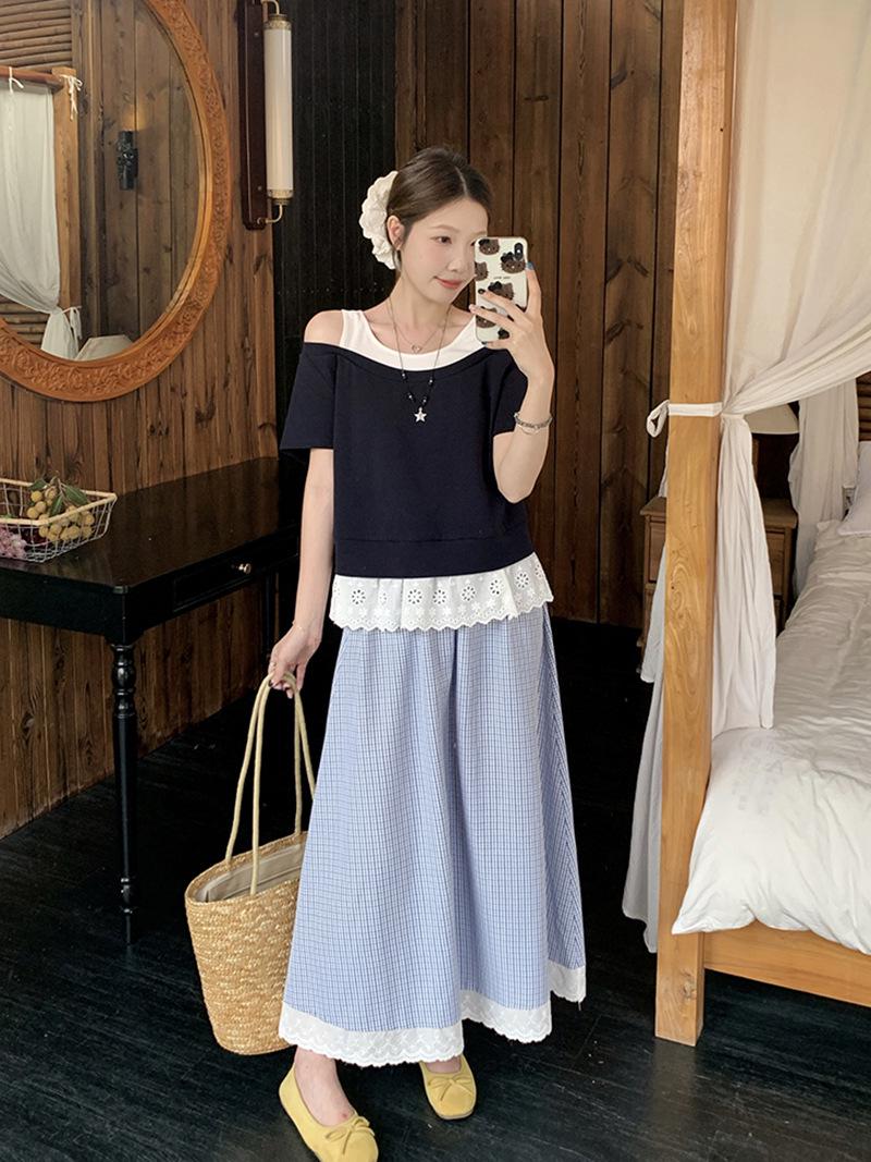 

2026 Summer Plus Size Sweet Off-Shoulder Top & Lace Trim Plaid Skirt Set for Women XL