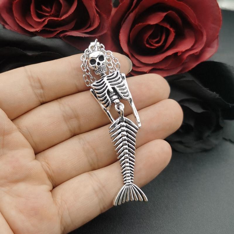 Mermaid Skeleton necklace for Women Goth Jewelry Accessories Punk Fashion Long Dangle Flash necklace Holiday