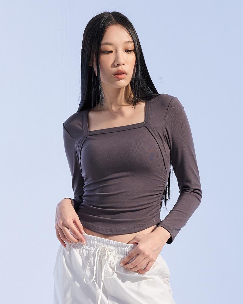 Moa Square Neck Shirred Long Sleeve (Charcoal) Charcoal/M