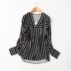 Export Export Tail Single Loose Slimming V-neck Vertical Striped Cotton Silk Shirt Women's Pullover Artificial Cotton Tops Spring